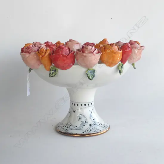 SUZANNE SCOTT BUTSON 'CALICO CHALICE' CERAMIC COMPORT w. ROSES 320mm dia...