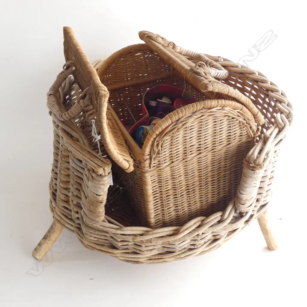 OLD CANE SEWING BASKET w CONTENTS + CANE CAT BED  Image 1++