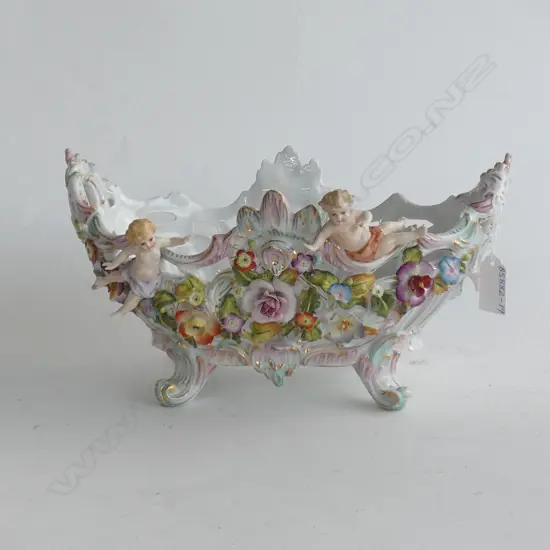 EARLY 1900'S ANTIQUE GERMAN BOWL ENCRUSTED WITH PORCELAIN FLOWERS & APPLIED CHERUBS  285 X 200MM 