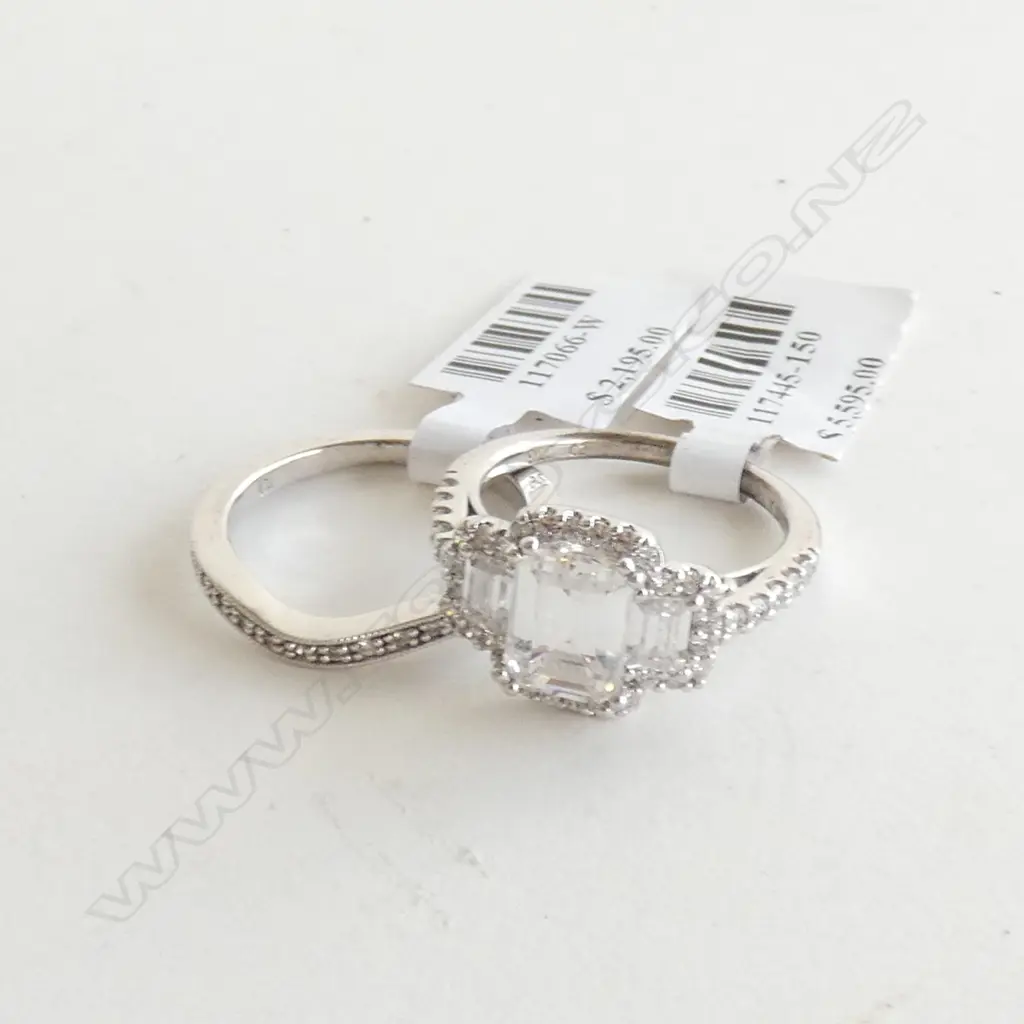 PR SILVER & CZ RINGS; ONE CURVED CZ BAND & ONE SQUARE CUT CZ Image 1++