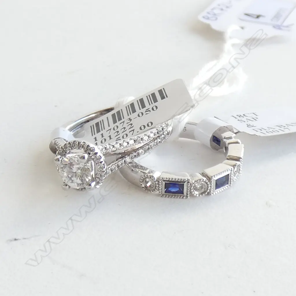 2 SILVER & CZ RINGS; 1 SAPPHIRE & CZ BAND & SOLITAIRE HALO Image 1++