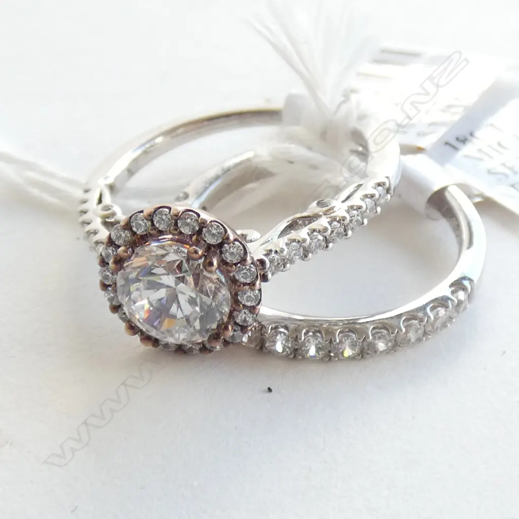 2 SILVER & CZ RINGS; 1 SOLITAIRE HALO & ONE CZ BAND Image 1++
