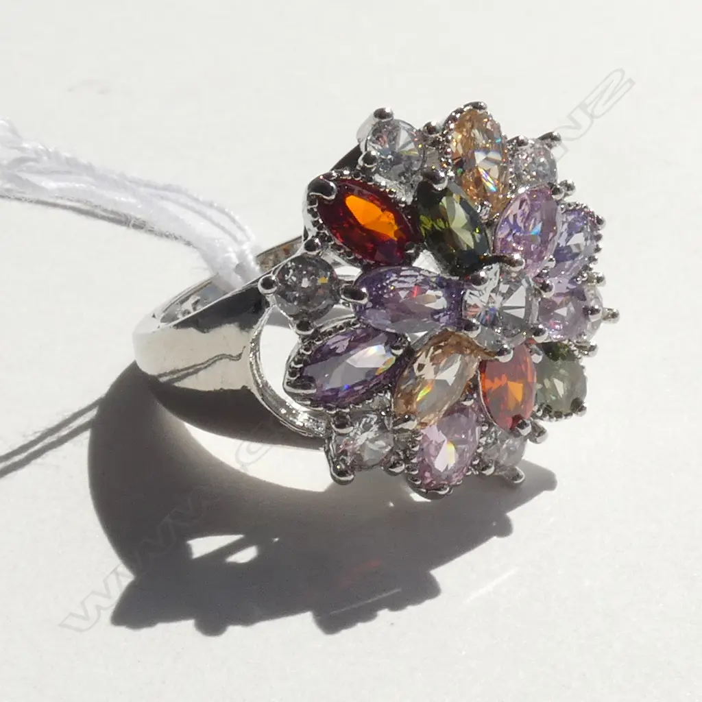 SILVER MULTI FAUX COLOURED STONE DRESS RING Image 1++