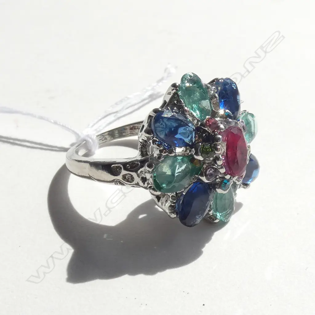 SILVER & MULTI FAUX COLOURED STONE DRESS RING Image 1++