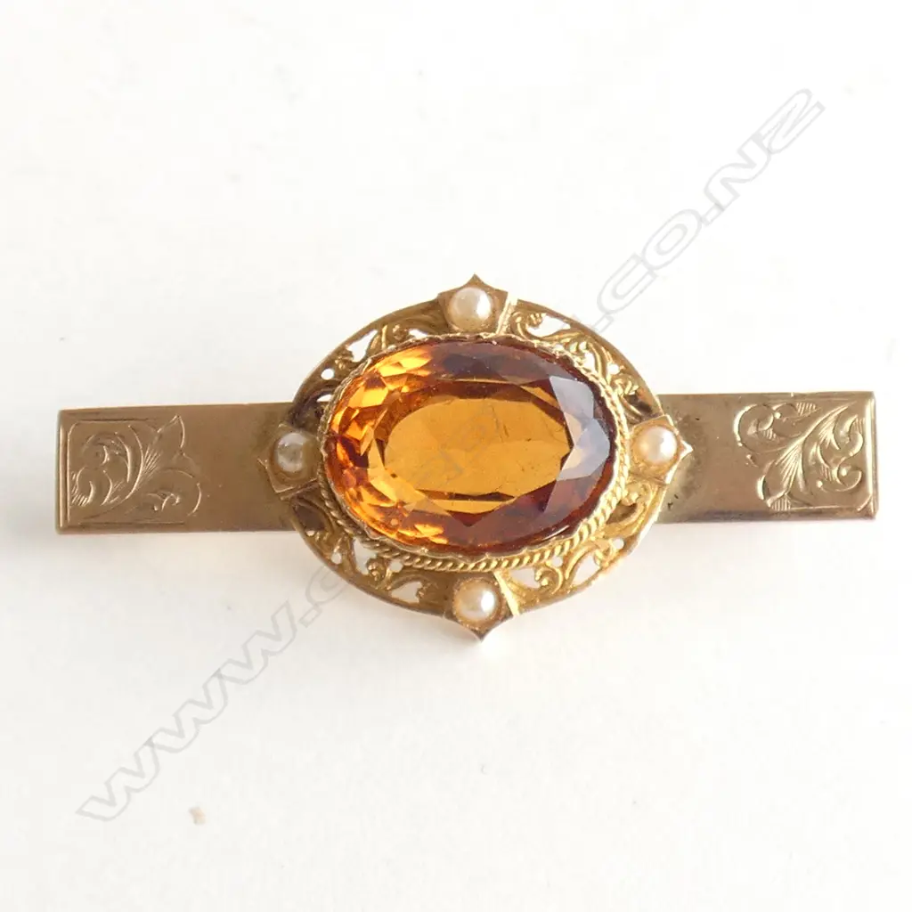 EDWARDIAN 9CT GOLD CITRINE BAR BROOCH Image 1++