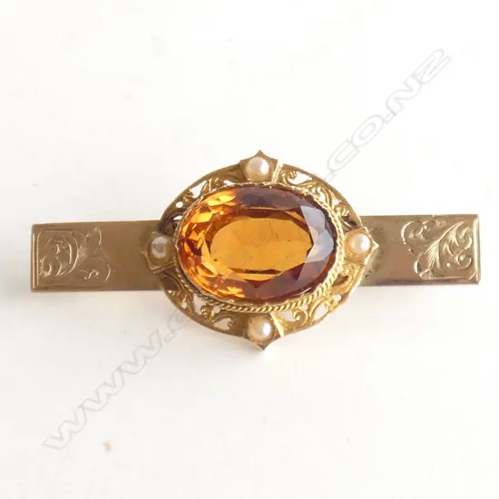 EDWARDIAN 9CT GOLD CITRINE BAR BROOCH
