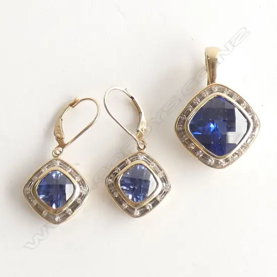 9ct GOLD DIAMONDS AND SYNTHETIC SAPPHIRE PENDANT AND EARRINGS SET