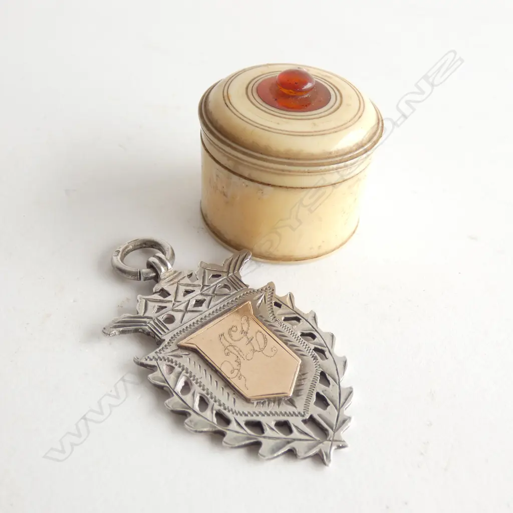 SILVER & 9CT FOB + IVORY PILL BOX 30mm dia Image 1++