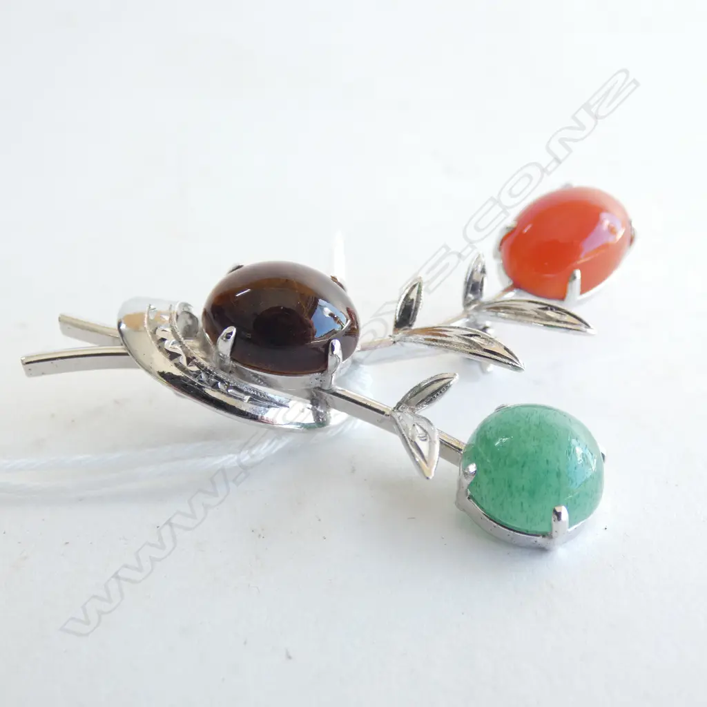 SILVER BROOCH SET w TIGER'S EYE, JADE & CARNELIAN Image 1++