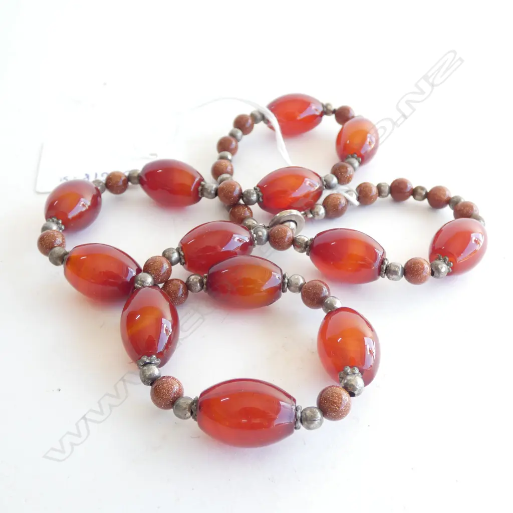 NECKLACE OF AMBER GLASS & ADVENTURINE GLASS BEADS Image 1++