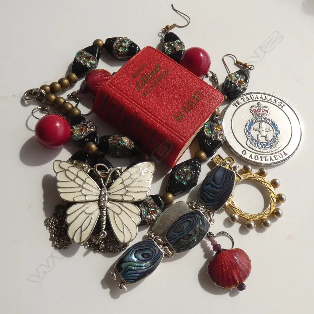 ASST. JEWELLERY; 2 PRS ENAMEL EARRINGS, STG & PAUA BRACELET, REEDS LILLIPUT MAORI DICTIONARY ETC Image 1++