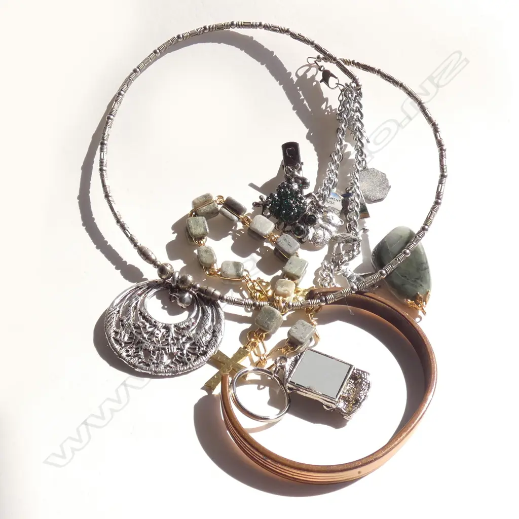 BAG COSTUME JEWELLERY INCL CHARM BRACELET / FROG TIE PIN ETC. Image 1++