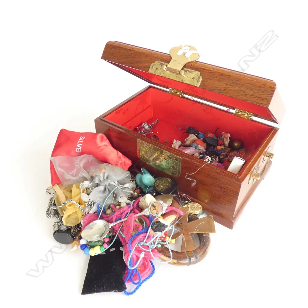 WOODEN CHINESE JEWELLERY BOX & ASST. COSTUME CONTENTS W.260mm Image 1++