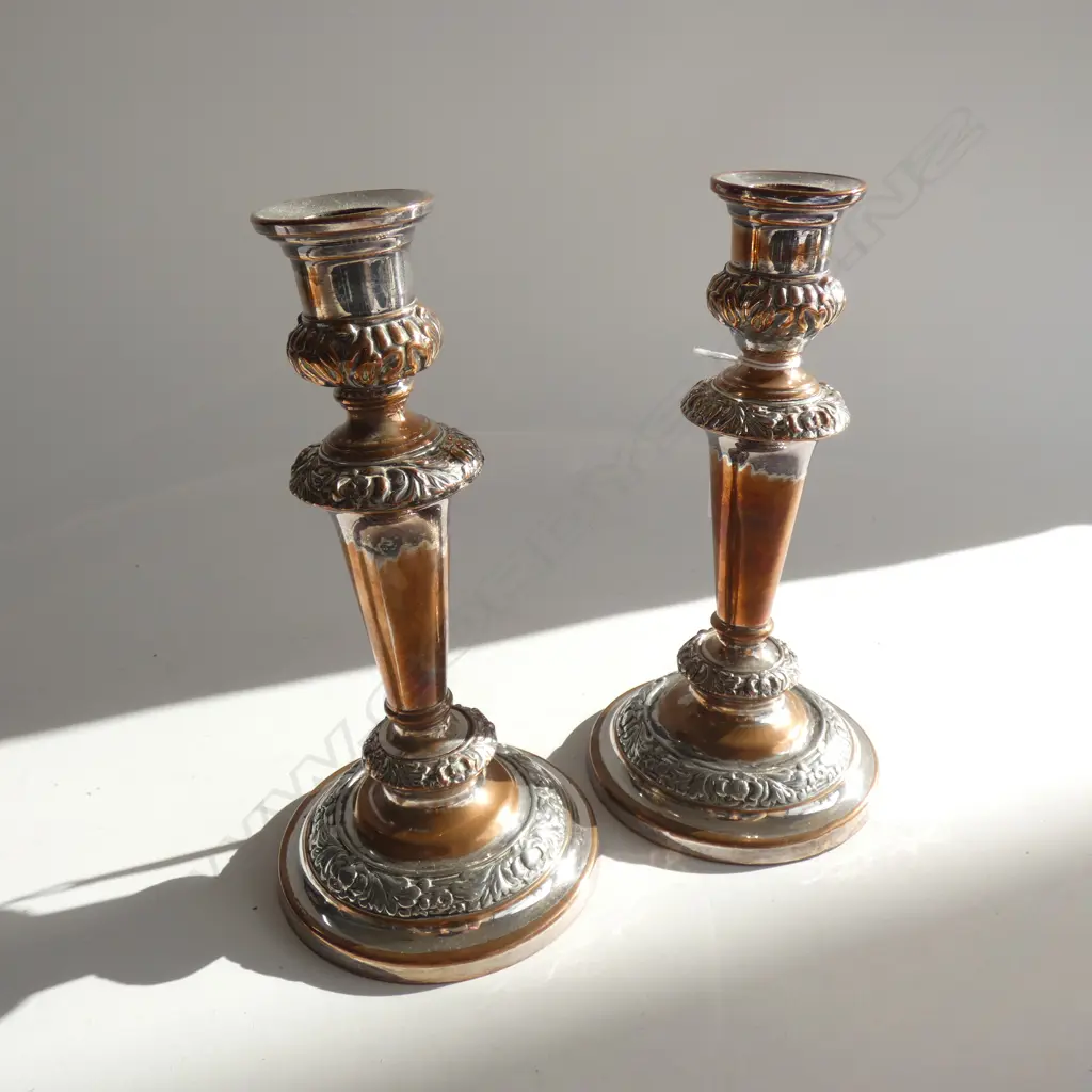 PR NICELY WORN SHEFFEILD PLATE CANDLESTICKS H.215mm Image 1++
