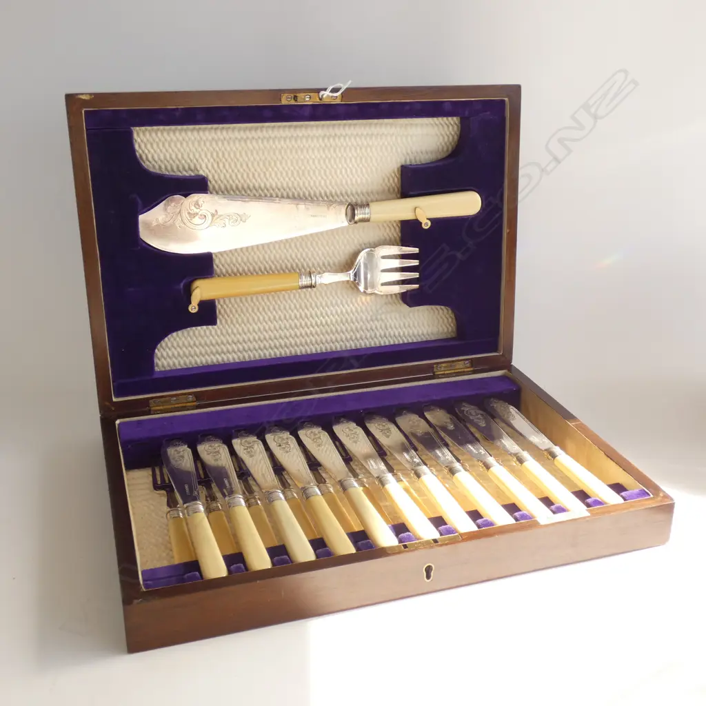 CASED SET VICTORIAN 'BONE' HANDLED FISH SET W.380mm Image 1++