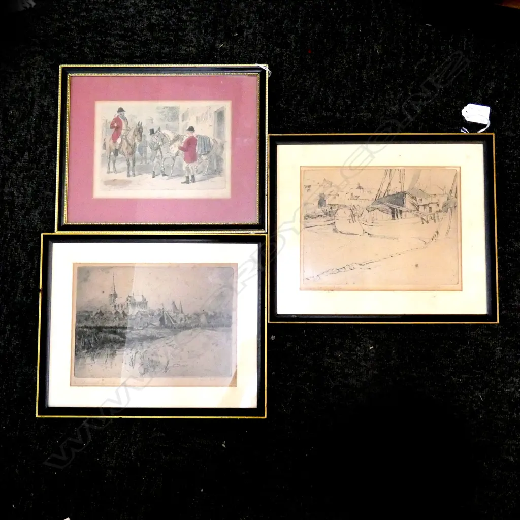 3 ARTWORKS; 2 SIR FRANK SHORT ETCHINGS 160x205mm + HUNTING PRINT Image 1++