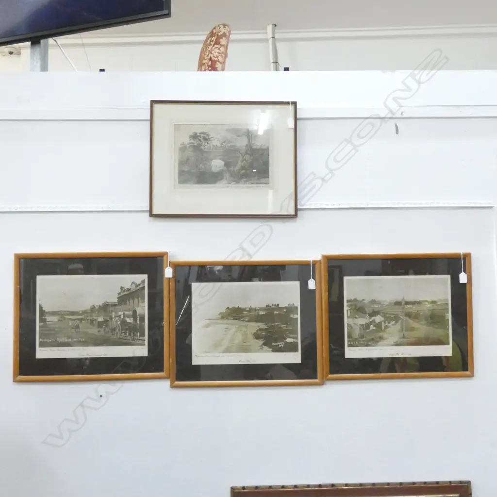 4 EARLY NZ PRINTS; 3 VIEWS OF NORTH SHORE 280x380mm + SIBELIUS ENGRAVING PERFORATED ROCK TOLAGA BAY Image 1++