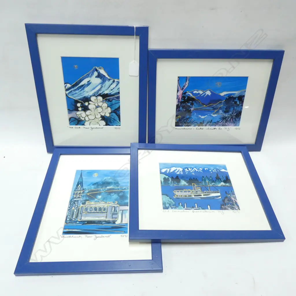 4 FRAMED DIANE VASSEY NZ BLUE THEMED PAINTINGS 180 X 140MM Image 1++