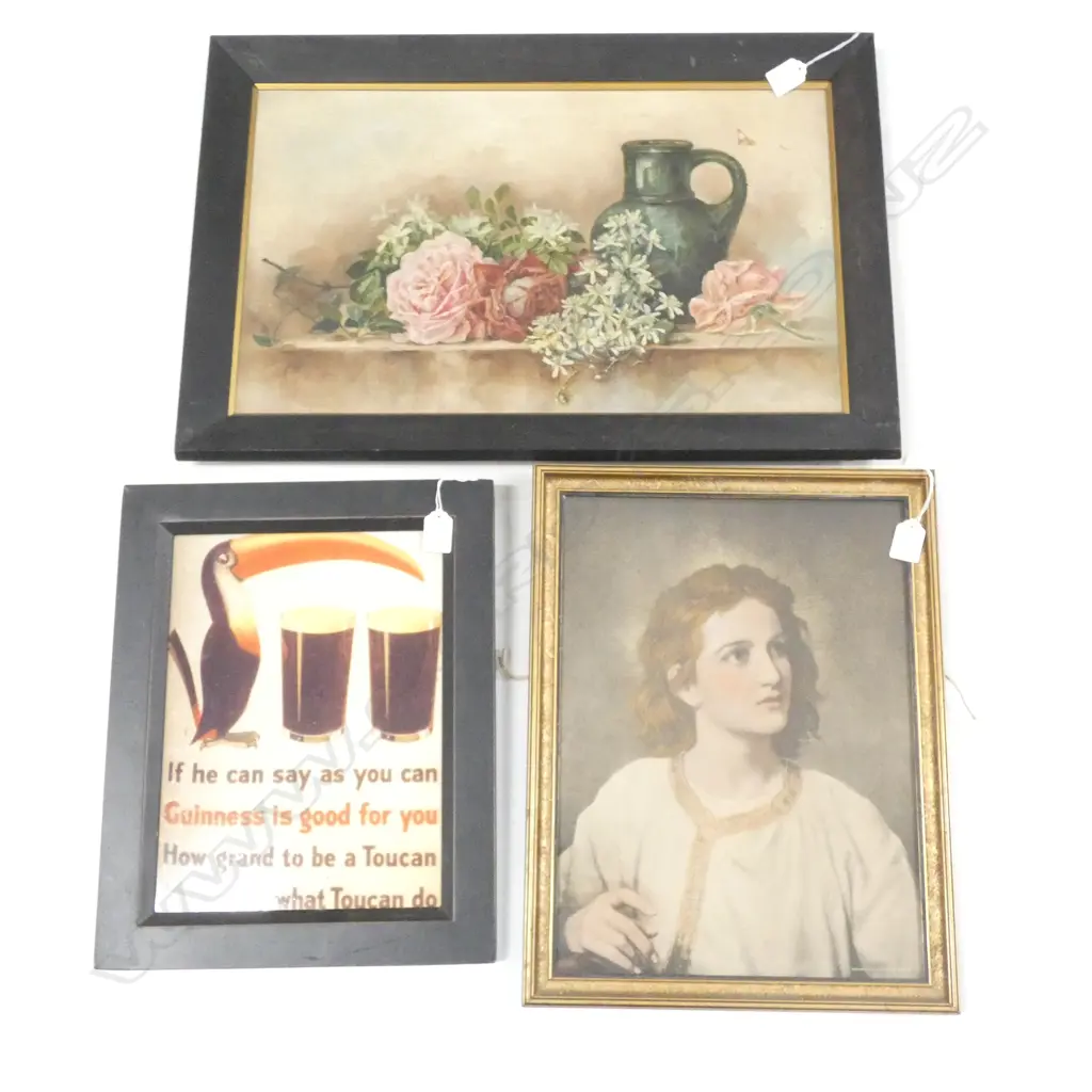 3 ARTWORKS; EARLY 20thC STILL LIFE,  PRINT, GUINNESS TILE 310x230mm Image 1++