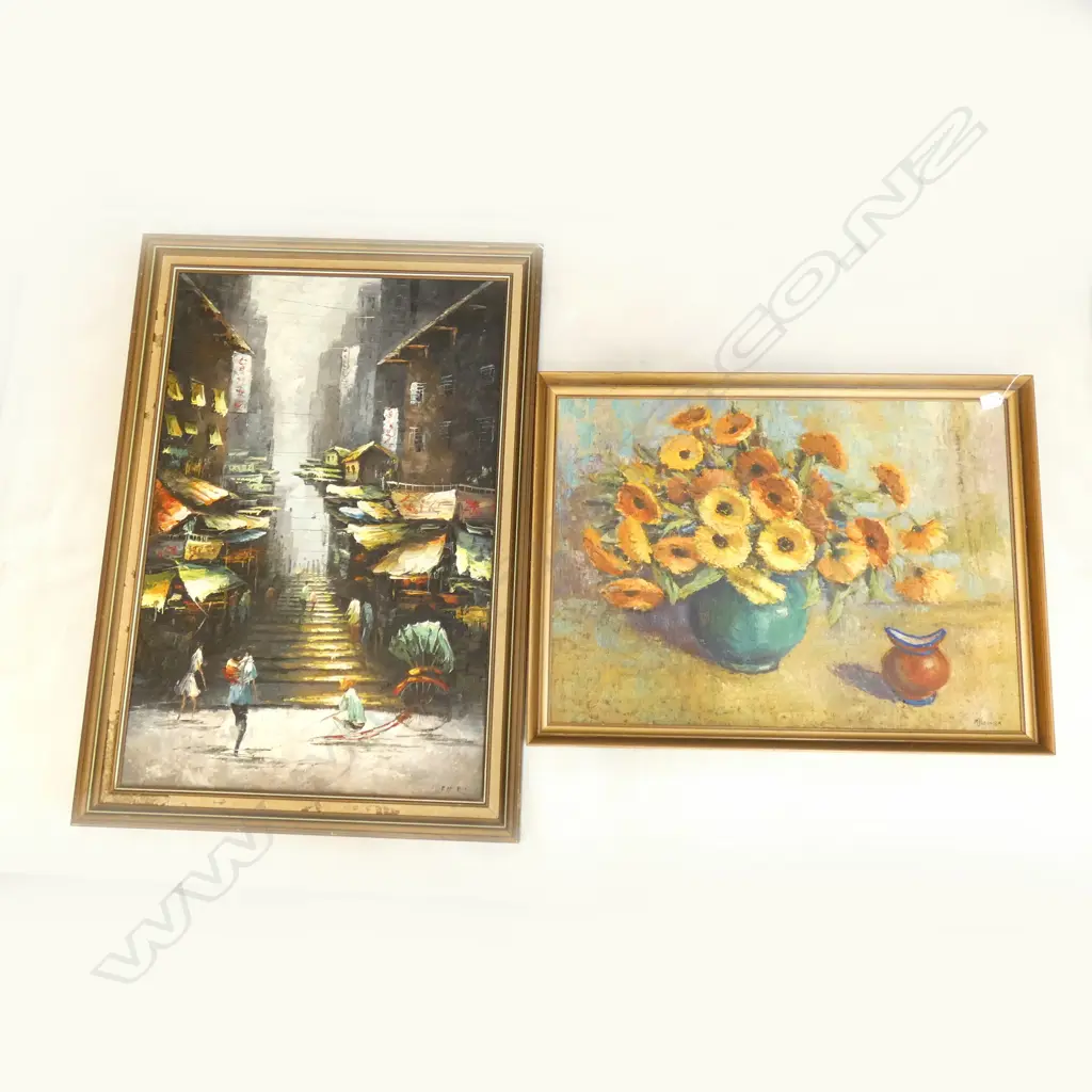 2 SIGNED OILS ON CANVAS; STILL LIFE & STREET SCENE 880x580mm Image 1++