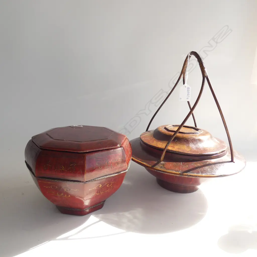 2 ORIENTAL WOODEN LIDDED CONTAINERS 270mm dia Image 1++