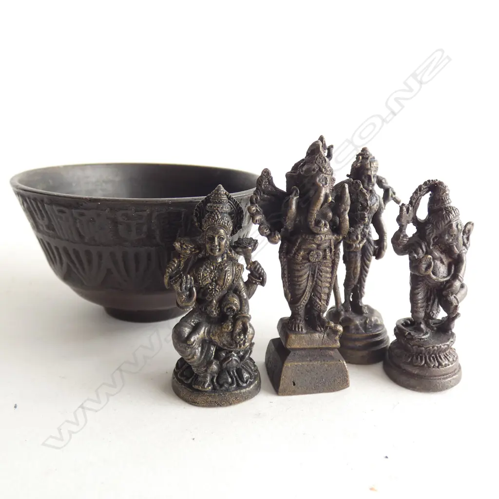 5 INDIAN BRONZE PCES; BOWL & 4 FIGURES H.40mm Image 1++