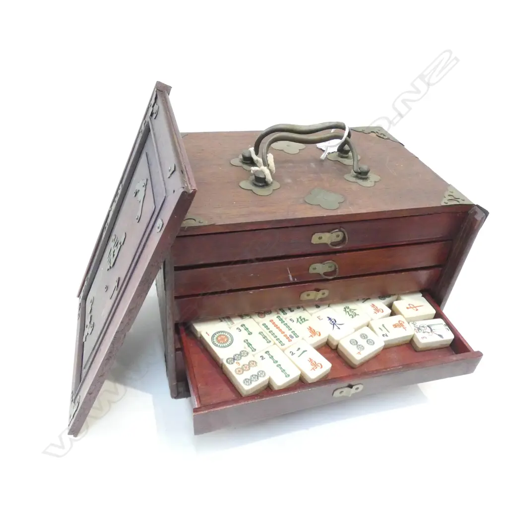OLD MAHJONG SET BONE & BAMBOO WITH TILE HOLDERS/BOARDS Image 1++