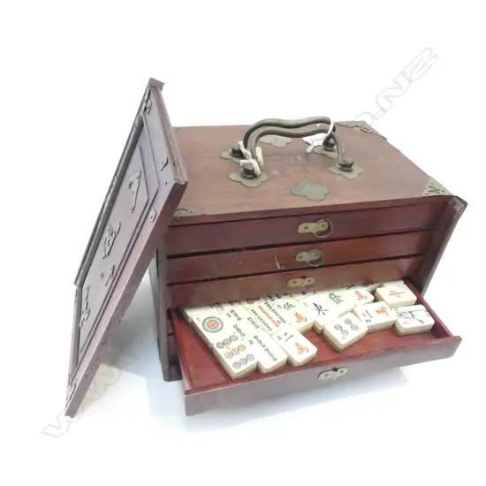 OLD MAHJONG SET BONE & BAMBOO WITH TILE HOLDERS/BOARDS