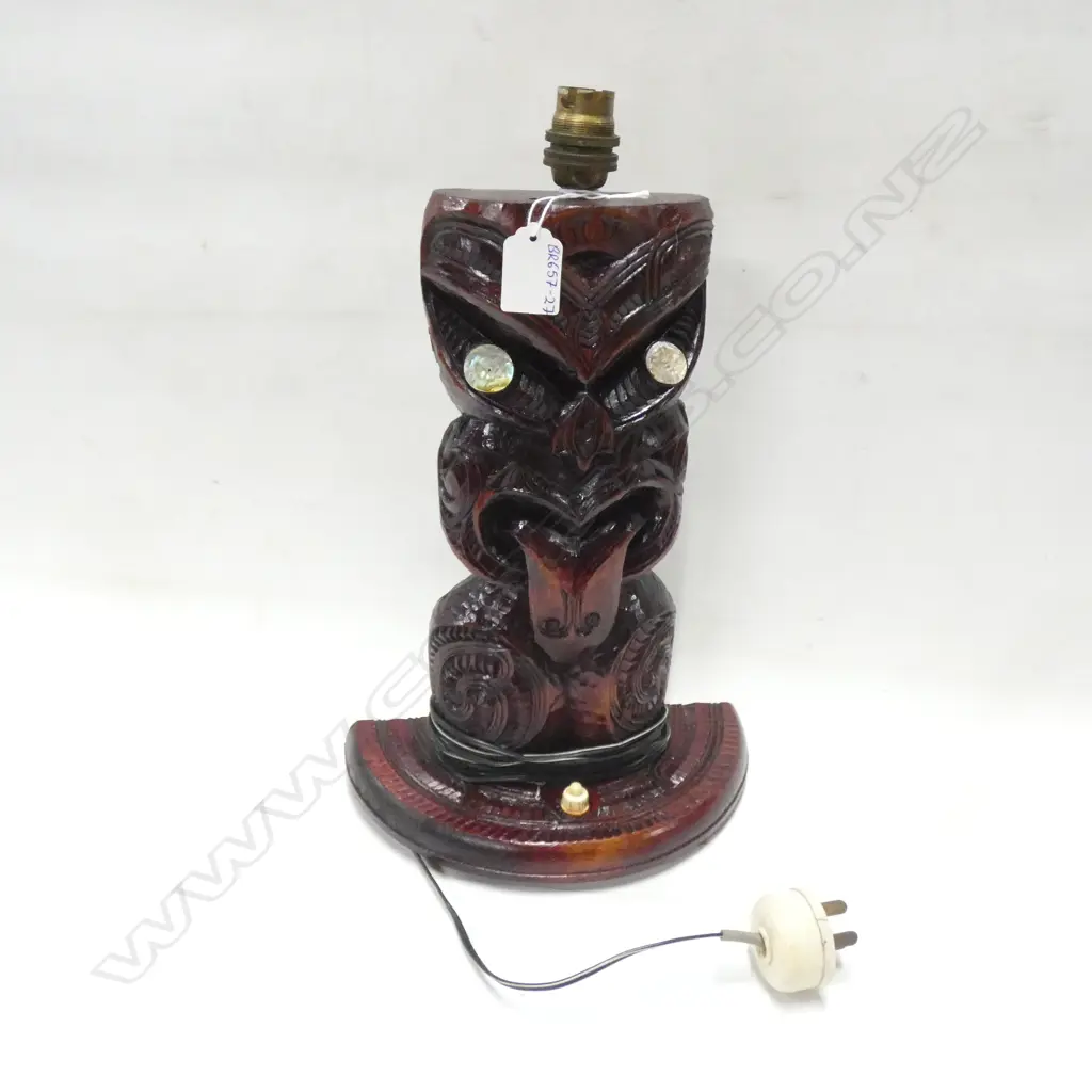 CARVED WOODEN MAORI TIKI TABLE LAMP BASE  H. 360MM Image 1++