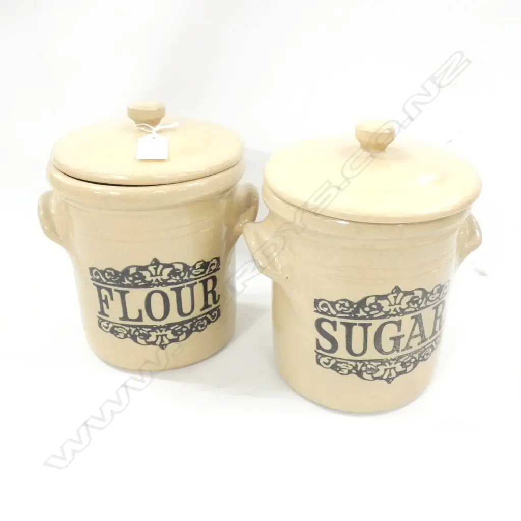 2 MOIRA POTTERY LIDDED CROCKS 'SUGAR' & 'FLOUR' H.230mm Image 1++