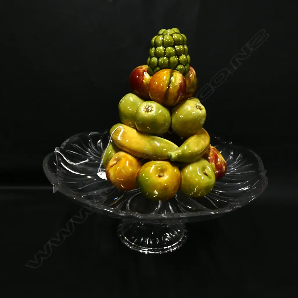 HAND PAINTED PORTUGUESE MAJOLICA TOWER OF FRUIT (H250MM) & LG FOOTED GLASS CAKE PLATE (DIA 350MM)  Image 1++