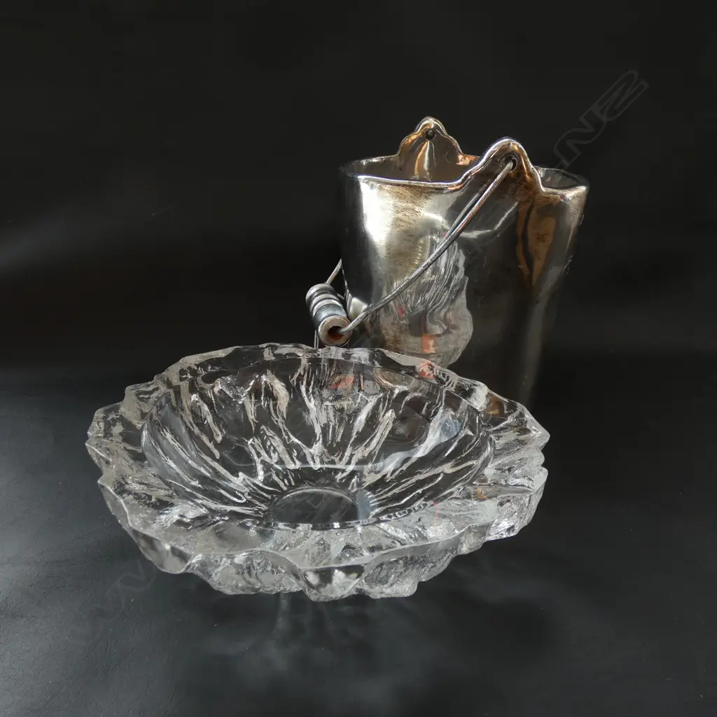 SILVER CERAMIC WINE BUCKET + CRYSTAL 'ICE' BOWL 185mm dia Image 1++