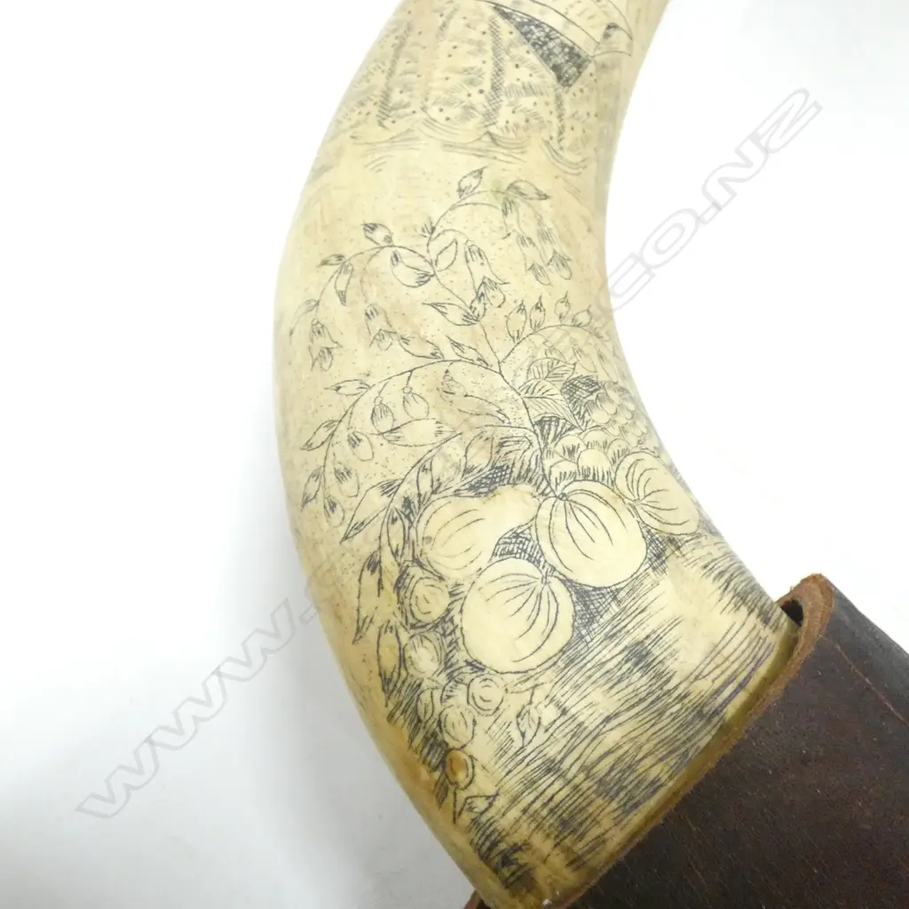 BUFFALO HORNS WITH INKED DESIGNS - MOUNTED ON BOARD WITH LEATHER BINDING L645MM  Image 1++