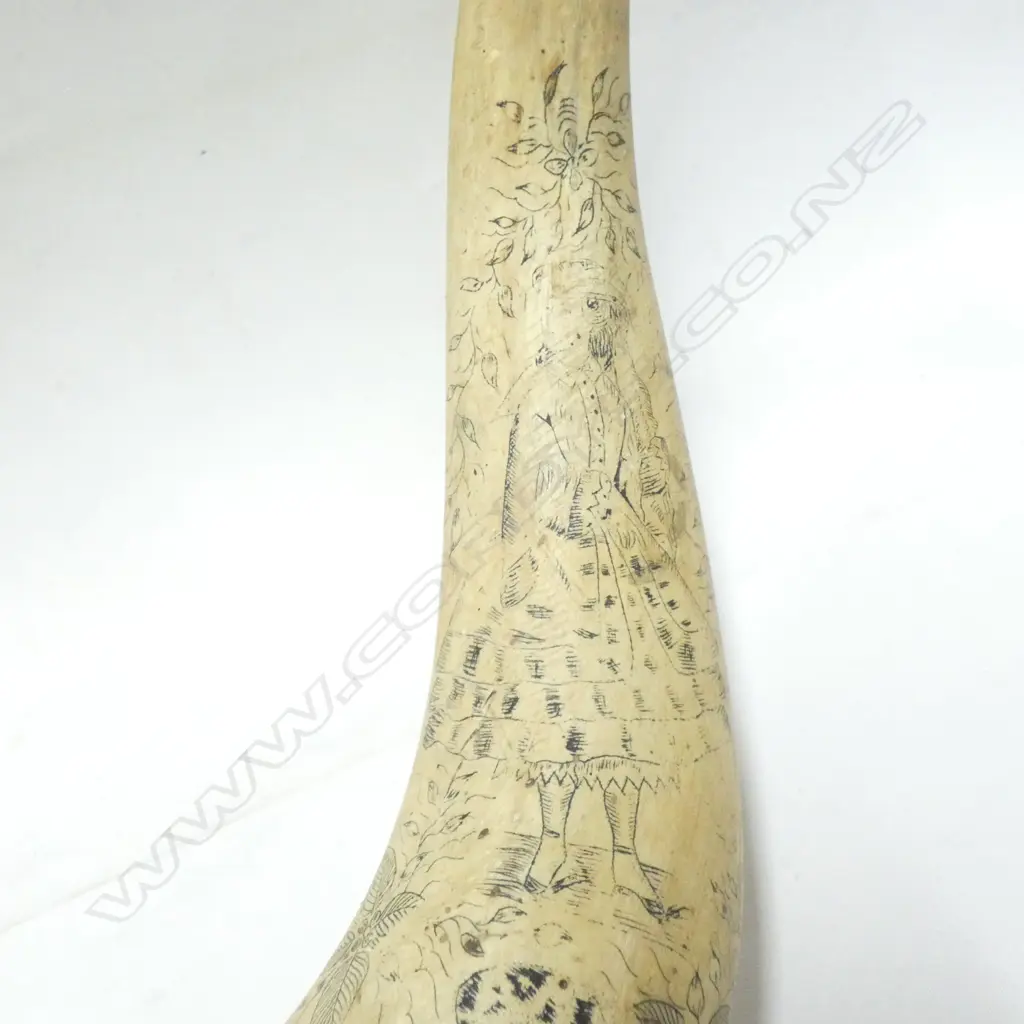 BUFFALO HORNS WITH INKED DESIGNS - MOUNTED ON BOARD WITH LEATHER BINDING L645MM  Image 1++