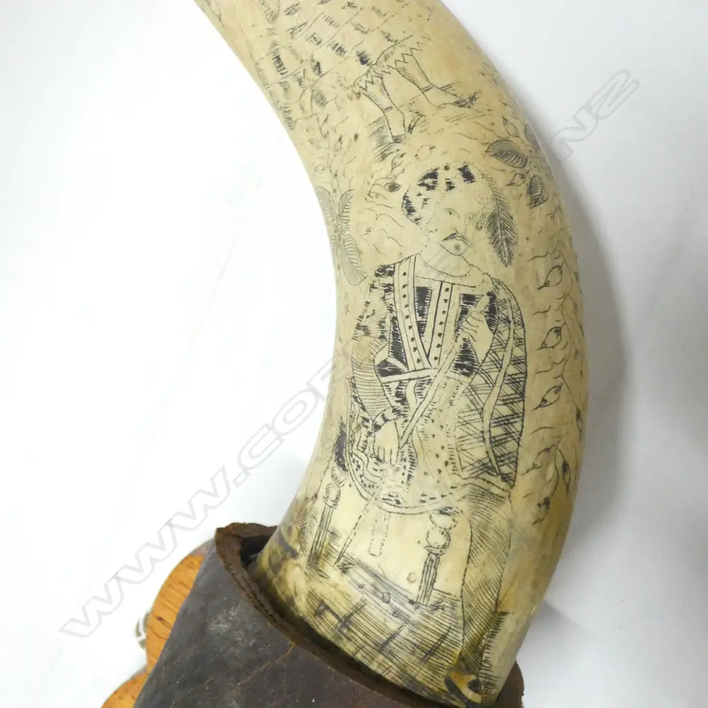 BUFFALO HORNS WITH INKED DESIGNS - MOUNTED ON BOARD WITH LEATHER BINDING L645MM  Image 1++