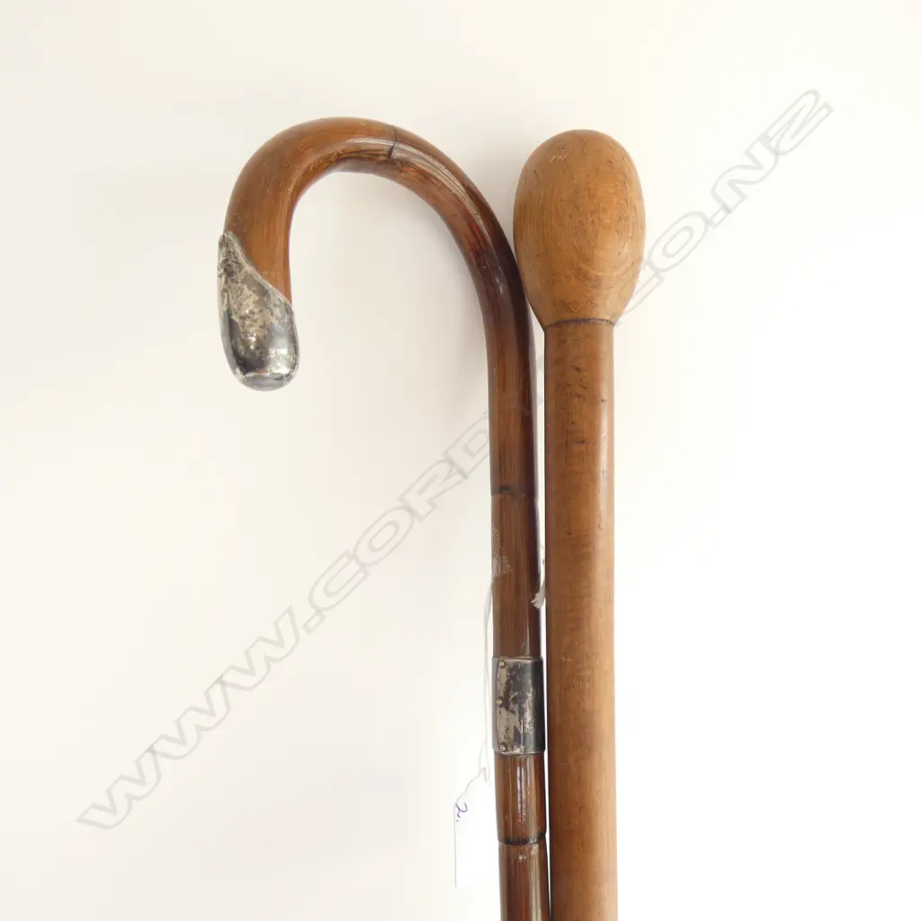 2 OLD WOODEN WALKING STICKS. 1 W SILVER MOUNTS Image 1++