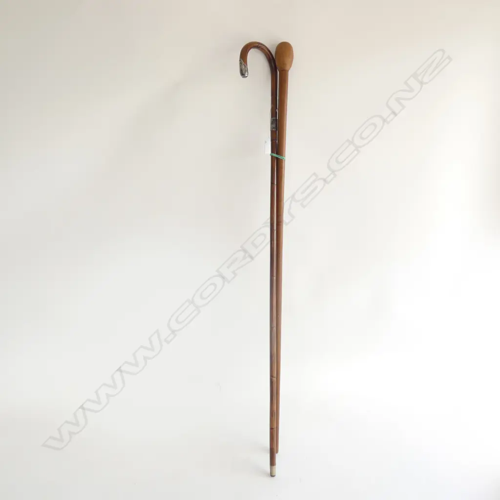 2 OLD WOODEN WALKING STICKS. 1 W SILVER MOUNTS Image 1++