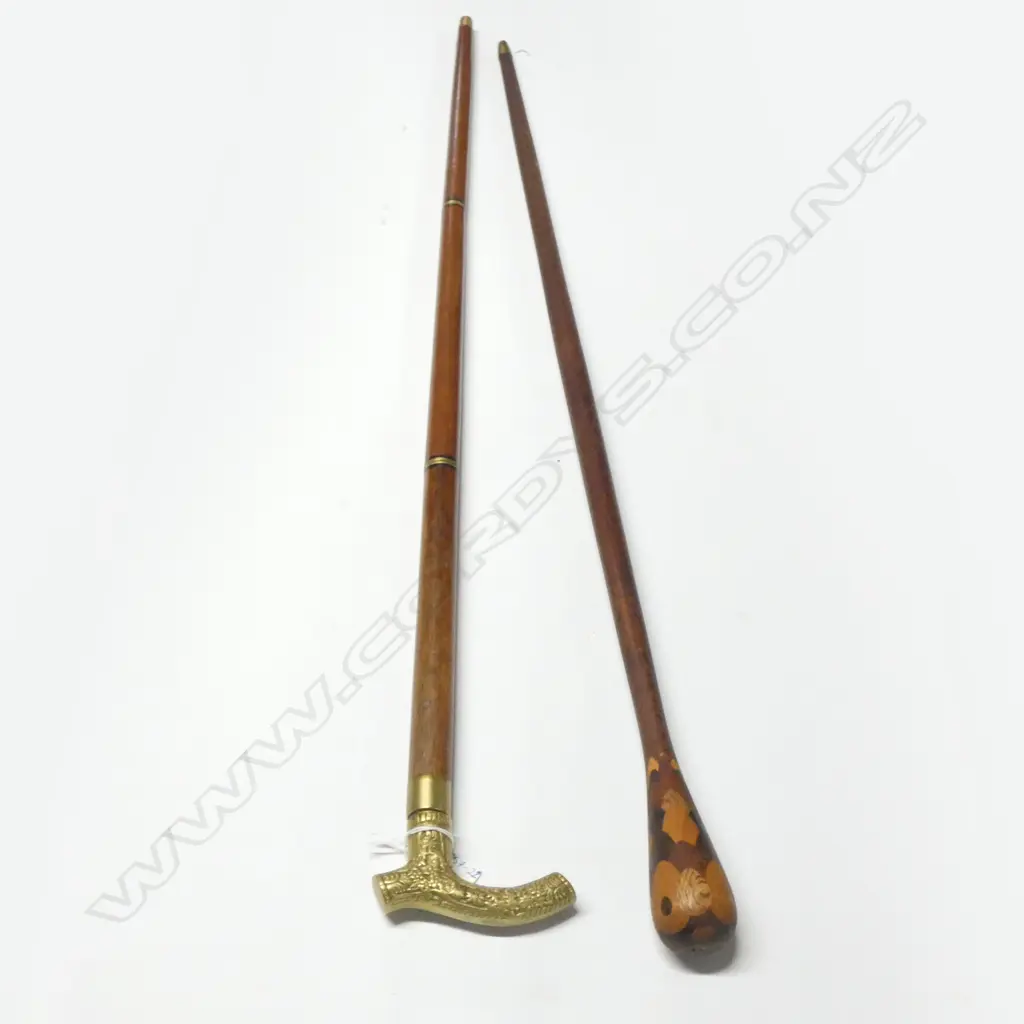 OLD BRASS HANDLED 3 PCE WOODEN WALKING STICK WITH HIDDEN DAGGER IN HANDLE + INLAID WOODEN HANDLE WALKING STICK Image 1++