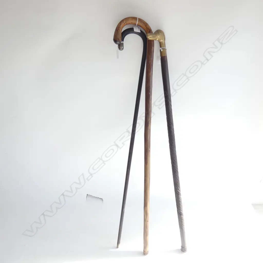 3 VINTAGE WALKING STICKS; STG TIP, DOG & OTHER L.930mm Image 1++