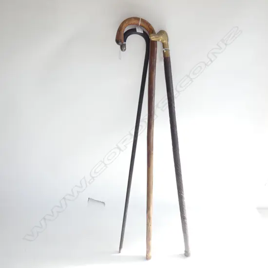 3 VINTAGE WALKING STICKS; STG TIP, DOG & OTHER L.930mm