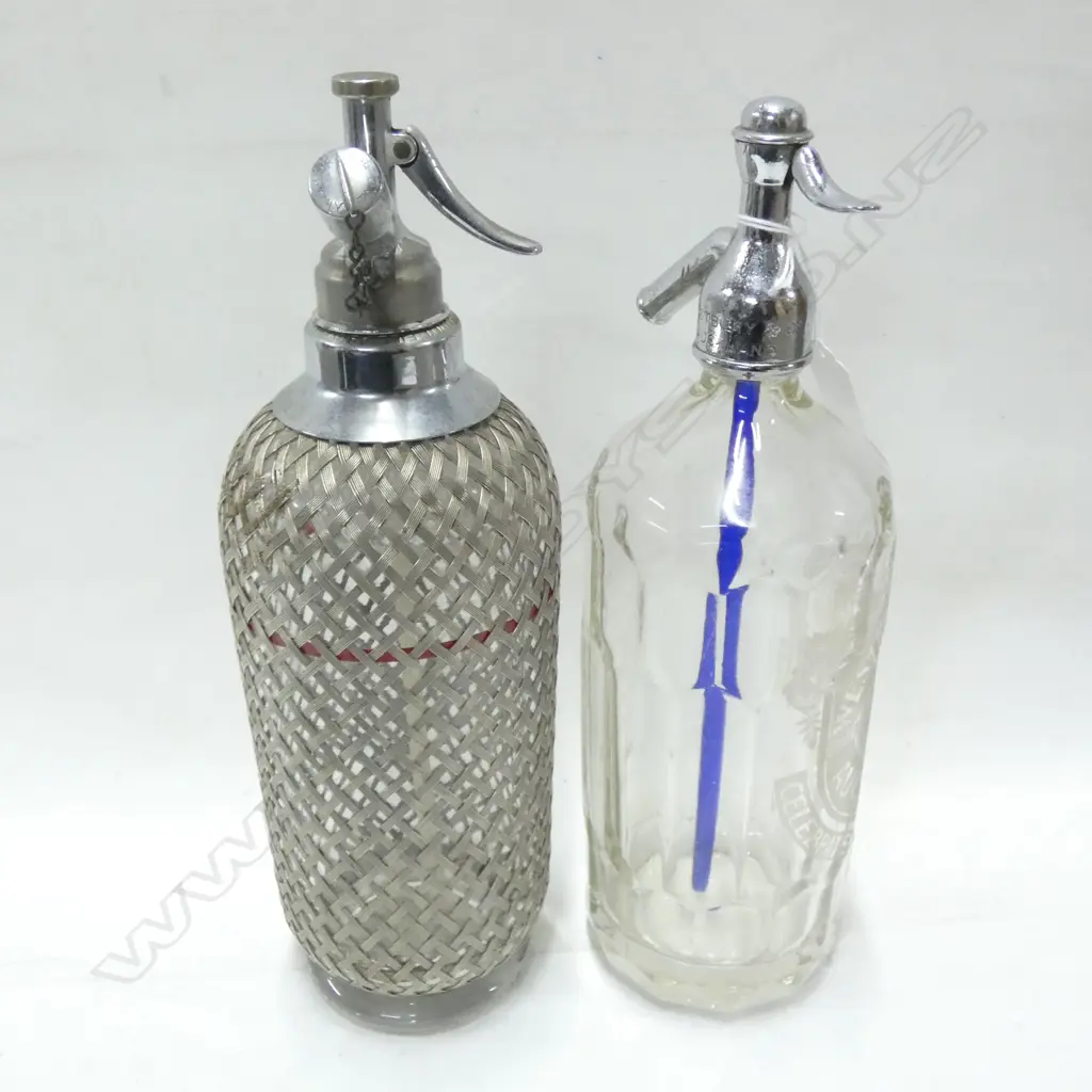 PR GLASS SODA SYPHONS; 1 WITH MESH OVERLAY / 1  WESTBURY & CO AUCKLAND H. 350MM Image 1++