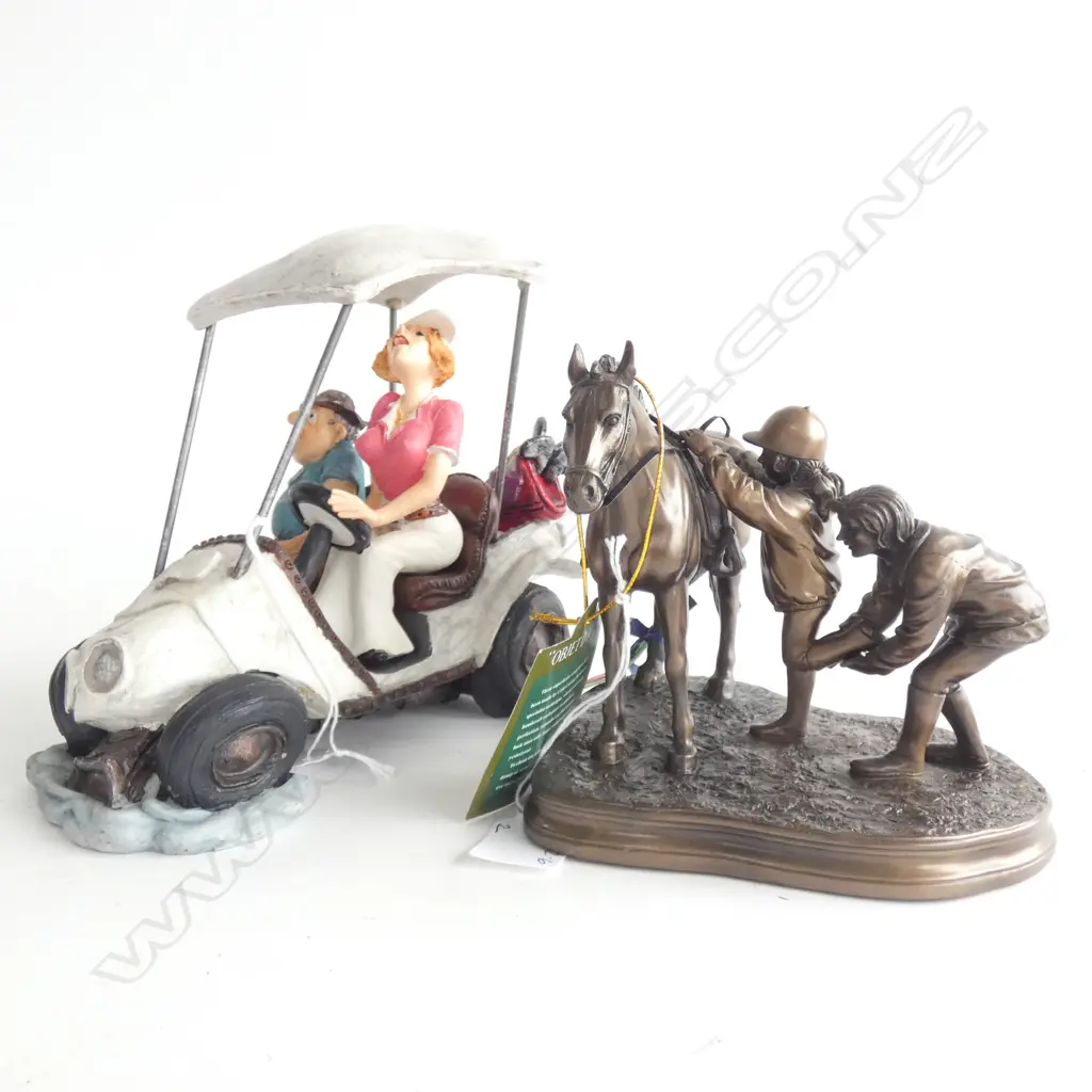 2 ORNAMENTS; COMICAL GOLFERS IN CART L 200MM & CAST BRONZE HORSE & RIDER L 60MM Image 1++