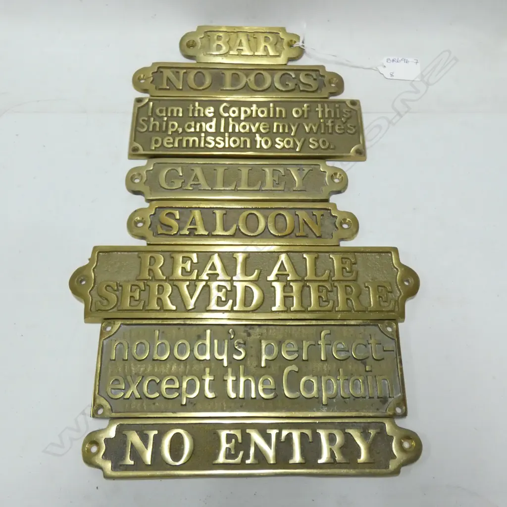 8 ASST BRASS PLATES  INCL 'NO DOGS'/ BAR/NO ENTRY ETC.. L 180MM Image 1++