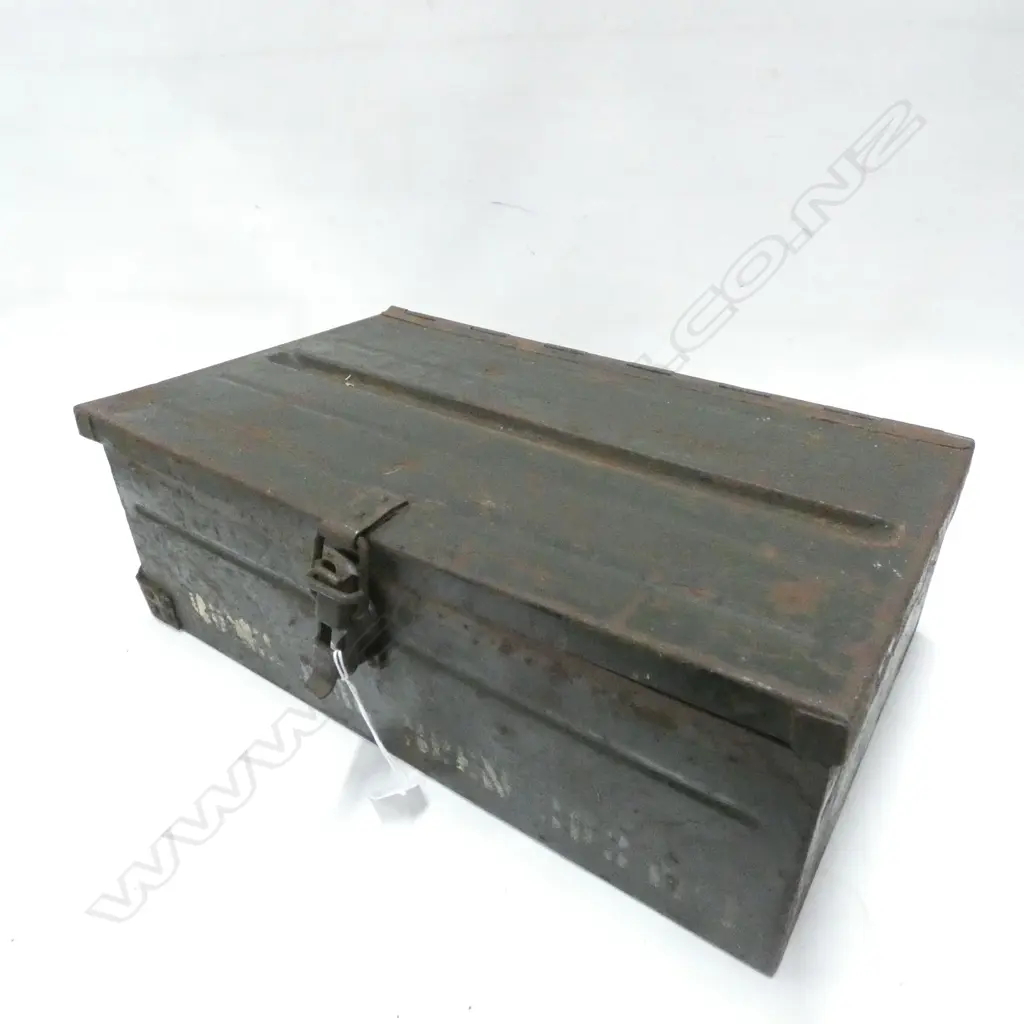 OLD BLACK PAINTED METAL AMMUNITIONS BOX (?) SOME RUST AND WEAR TO PAINT 390 X 240 X 150MM Image 1++