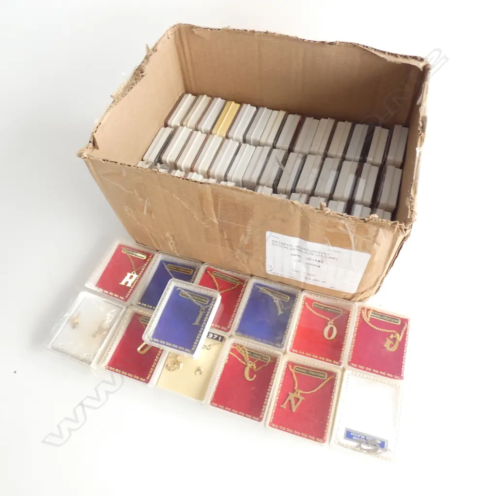 BOX LOT ASST COSTUME JEWELLERY; EARRINGS / NECKLACES / KIWI PINS ETC. ALL IN ORIGINAL BOXES  - APPROX 45 Image 1++