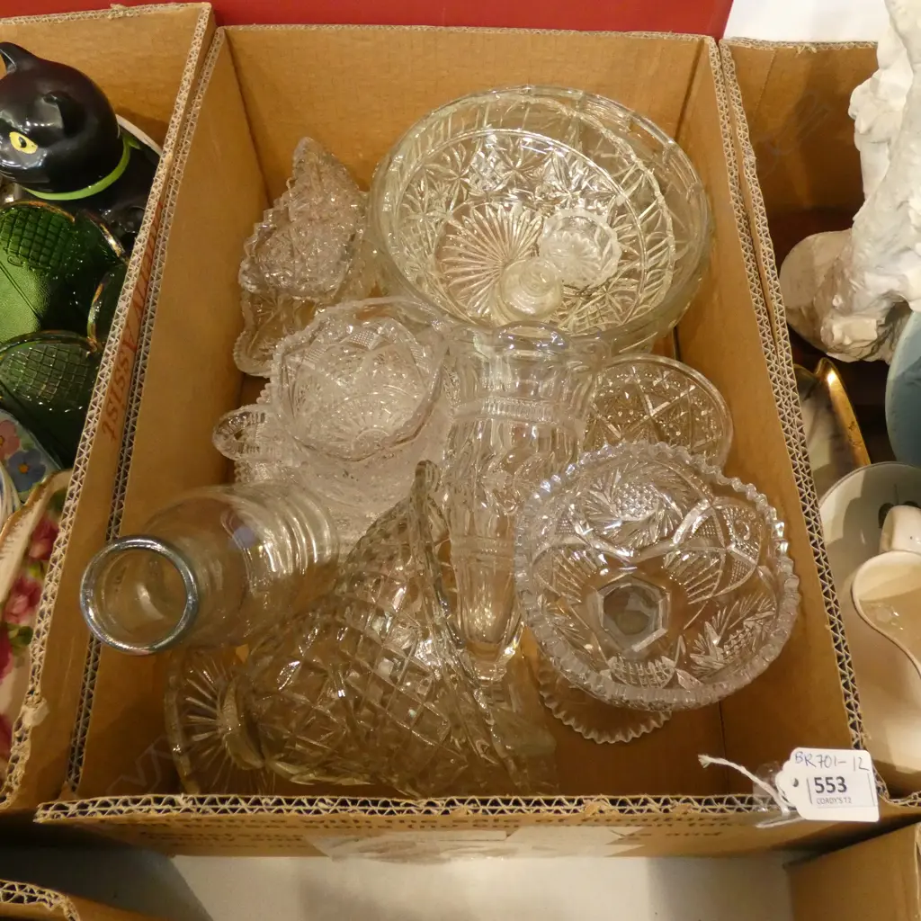 BOX LOT ASST VINTAGE CLEAR  GLASS BOWLS/ JUGS / VASES ETC. Image 1++
