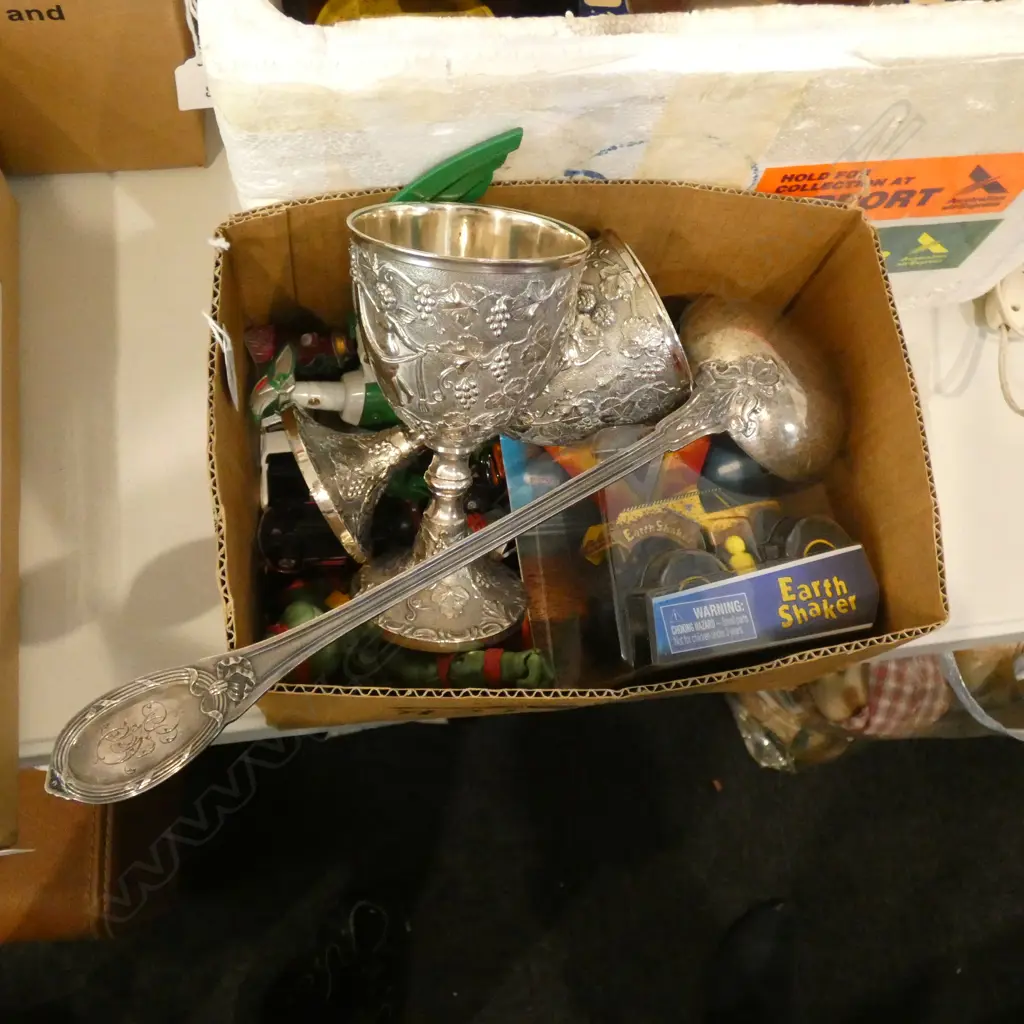 BOX  LOT ASST. TOYS + PR SILVER PLATE CUPS Image 1++