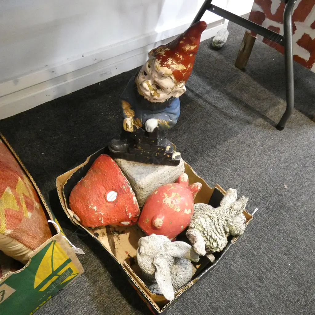 BOX LOT ASST. CEMENT GARDEN ORNAMENTS; GNOME, RABBITS ETC Image 1++