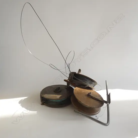 2 ANTIQUE BRASS REEL LGE TAPE MEASURES + 1 LGE FISHING REEL