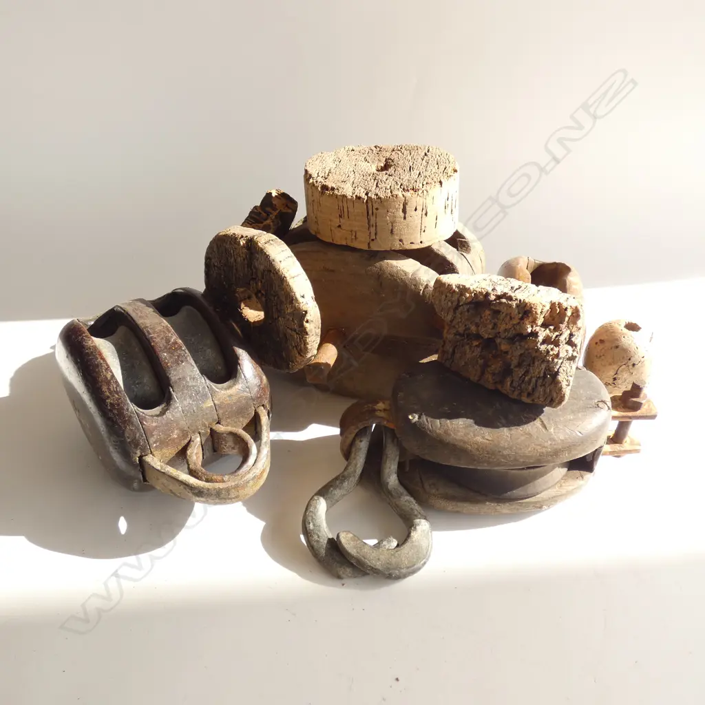 2 OLD SHIPS PULLEYS 2 PART PULLEYS + CORK FLOATS ETC Image 1++